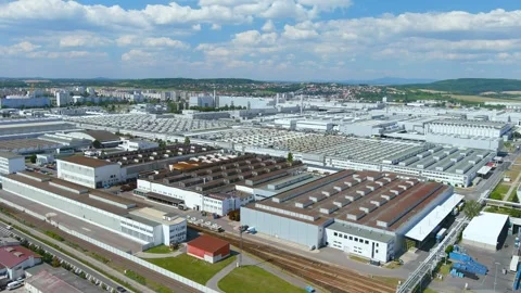 MLADA BOLESLAV, CZECH REPUBLIC - AUGUST 2022: aerial view of Skoda Auto plant Stockbeeldmateriaal 244875853