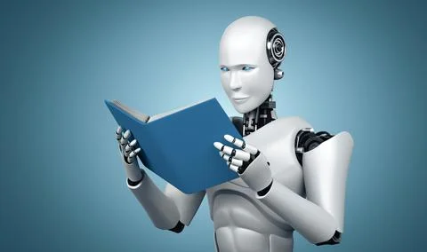 MLB 3D illustration of robot humanoid reading book Illustrazione stock
