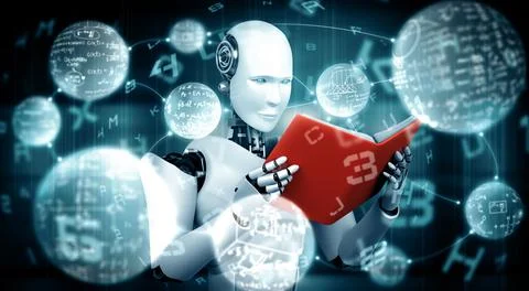 MLB 3D illustration of robot humanoid reading book and solving math 库存插图