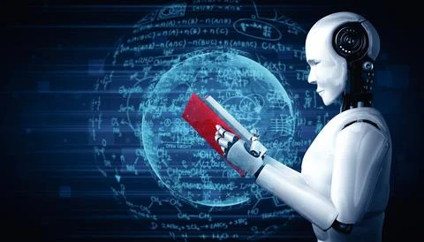 MLB 3D illustration of robot humanoid reading book and solving math 스톡 일러스트