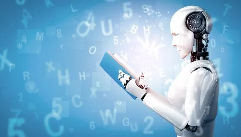 MLB 3D illustration of robot humanoid reading book Illustrazione stock