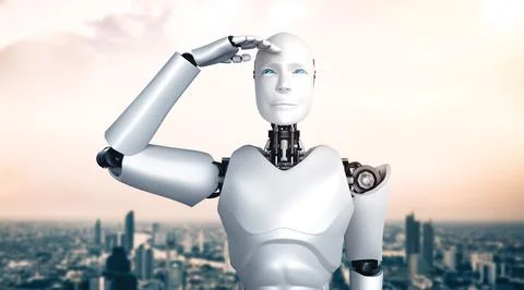 MLB 3D illustration robot humanoid looking forward against cityscape skyline イラスト素材