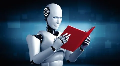 MLB 3D illustration of robot humanoid reading book 스톡 일러스트