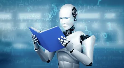 MLB 3D illustration of robot humanoid reading book 스톡 일러스트