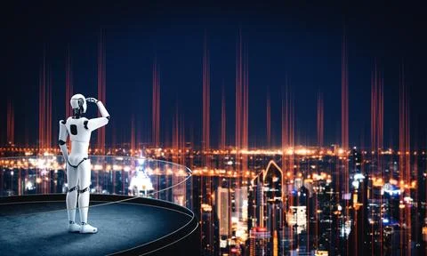 MLB 3D illustration robot humanoid looking forward against cityscape skyline Illustrazione stock