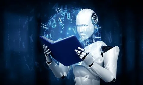 MLB 3D illustration of robot humanoid reading book Stock Illustration