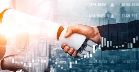 MLB 3D rendering hominoid robot handshake to collaborate future technology 스톡 일러스트