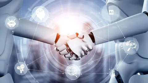 MLB 3D rendering hominoid robot handshake to collaborate future technology Illustrazione stock