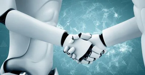 MLB 3D rendering hominoid robot handshake to collaborate future technology Illustrazione stock