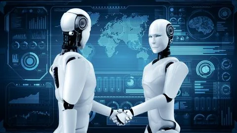 MLB 3D rendering hominoid robot handshake to collaborate future technology 스톡 일러스트