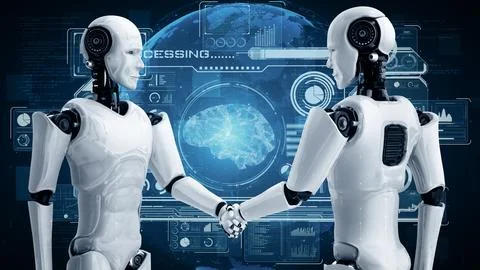 MLB 3D rendering hominoid robot handshake to collaborate future technology Stock Illustration