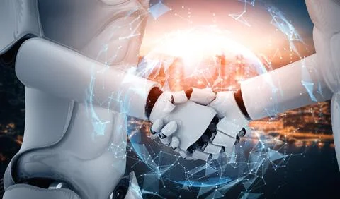 MLB 3D rendering humanoid robot handshake to collaborate future technology Stock Illustration