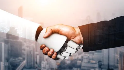MLB 3D rendering humanoid robot handshake to collaborate future technology Stock Illustration