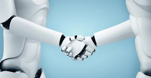 MLB 3D rendering humanoid robot handshake to collaborate future technology Stock Illustration