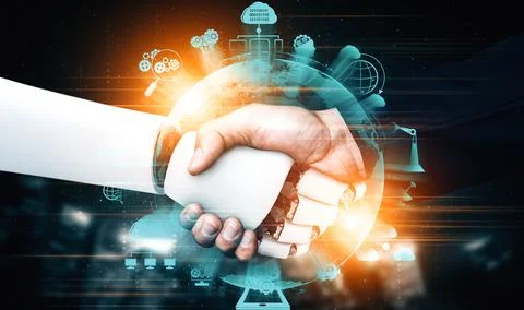 MLB 3D rendering humanoid robot handshake to collaborate future technology 스톡 일러스트