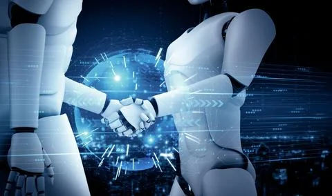 MLB 3D rendering humanoid robot handshake to collaborate future technology Illustrazione stock