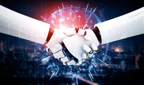 MLB 3D rendering humanoid robot handshake to collaborate future technology 스톡 일러스트