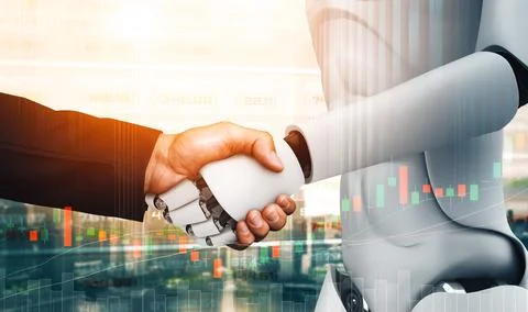 MLB 3D rendering humanoid robot handshake with stock market trading chart 스톡 일러스트