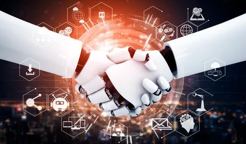 MLB 3D rendering humanoid robot handshake to collaborate future technology 스톡 일러스트