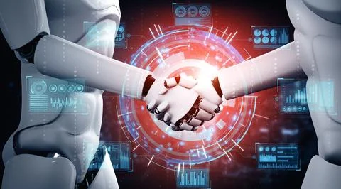 MLB 3D rendering humanoid robot handshake to collaborate future technology Stock Illustration