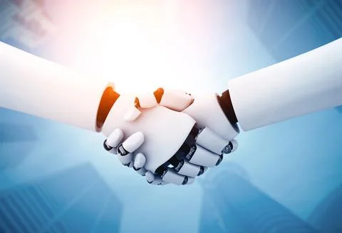 MLB 3D rendering humanoid robot handshake to collaborate future technology Stock Illustration