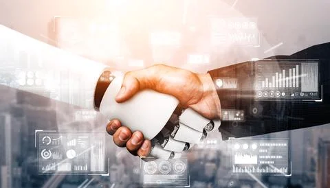 MLB 3D rendering humanoid robot handshake to collaborate future technology Stock Illustration