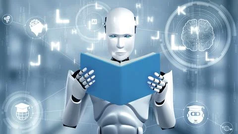 MLB 3D rendering of robot hominoid reading book Stock Illustration