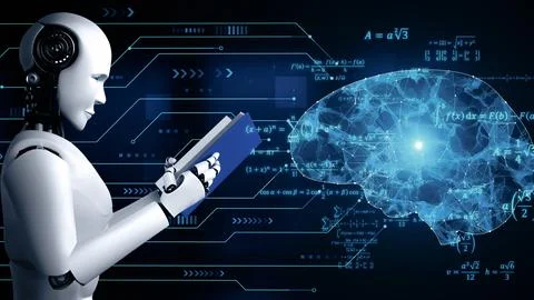 MLB 3D rendering of robot hominoid reading book Stock Illustration