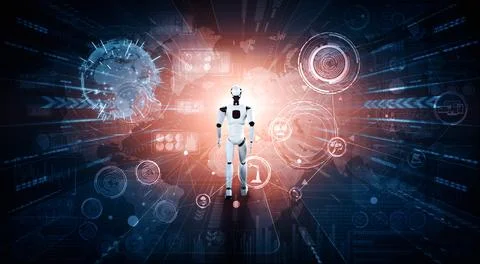 MLB 3D rendering robot humanoid analyzing big data using AI thinking Stock Illustration