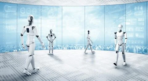MLB 3D rendering robot humanoid working in future office interior Illustrazione stock