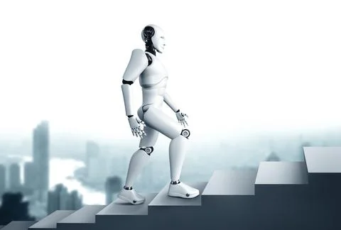 MLB 3D rendering robot humanoid walk up stair to success 스톡 일러스트