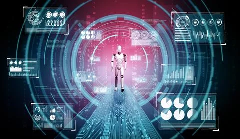 MLB 3D rendering robot humanoid analyzing big data using AI thinking Stock Illustration