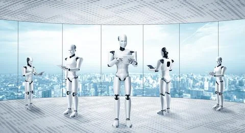 MLB 3D rendering robot humanoid working in future office interior Illustrazione stock