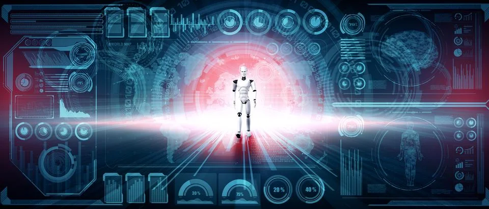 MLB 3D rendering robot humanoid analyzing big data using AI thinking Stock Illustration