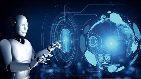 MLB AI hominoid robot touching virtual hologram screen showing concept of big Stock Illustration