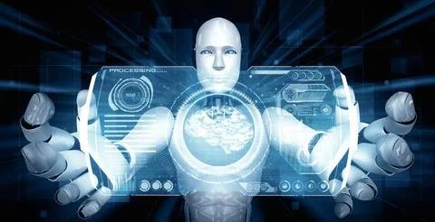MLB AI humanoid robot holding virtual hologram screen showing concept of AI 스톡 일러스트