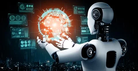 MLB AI humanoid robot holding virtual hologram screen showing concept of big 스톡 일러스트