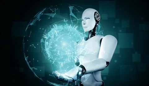 MLB AI humanoid robot holding hologram screen shows concept of global 스톡 일러스트