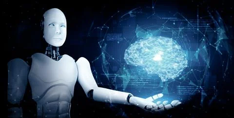 MLB AI humanoid robot holding virtual hologram screen showing concept of AI 스톡 일러스트