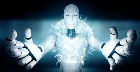 MLB AI humanoid robot holding hologram screen shows concept of global Stock Illustration