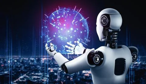 MLB AI humanoid robot holding hologram screen shows concept of global Stock Illustration