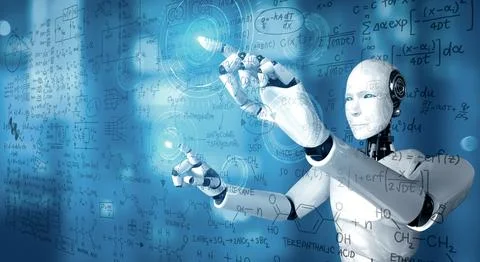 MLB AI humanoid robot touch screen of mathematics formula and science equation Stock Illustration