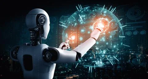 MLB AI humanoid robot touching hologram screen shows concept of global 스톡 일러스트
