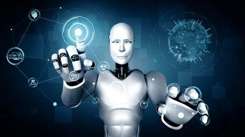 MLB AI humanoid robot touching hologram screen shows concept of global 스톡 일러스트