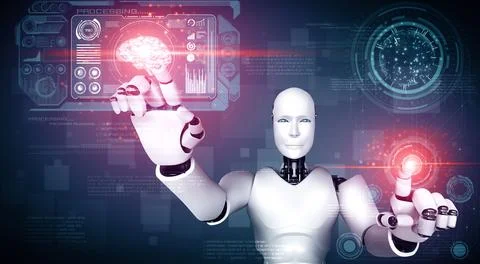 MLB AI humanoid robot touching virtual hologram screen showing concept of big 스톡 일러스트