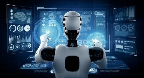 MLB AI humanoid robot touching virtual hologram screen showing concept of big イラスト素材