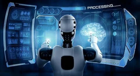 MLB AI humanoid robot touching virtual hologram screen showing concept of big 스톡 일러스트