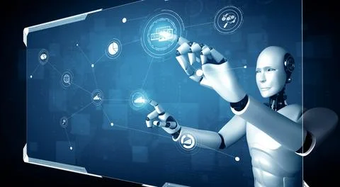 MLB AI humanoid robot touching virtual hologram screen showing concept of big Stockillustratie