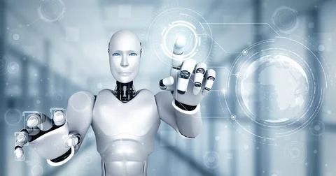 MLB AI humanoid robot touching hologram screen shows concept of global 스톡 일러스트