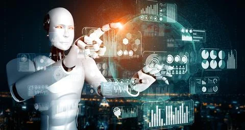 MLB AI humanoid robot touching virtual hologram screen showing concept of big Stock Illustration